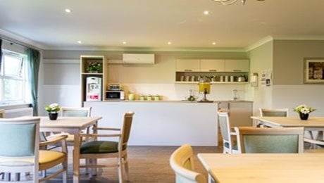 Quarry Hall Care Home - Dining area, tables, chairs, coffee maker