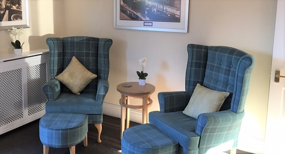 Clarendon Hall Care Home - 2 Checkered blue armchairs